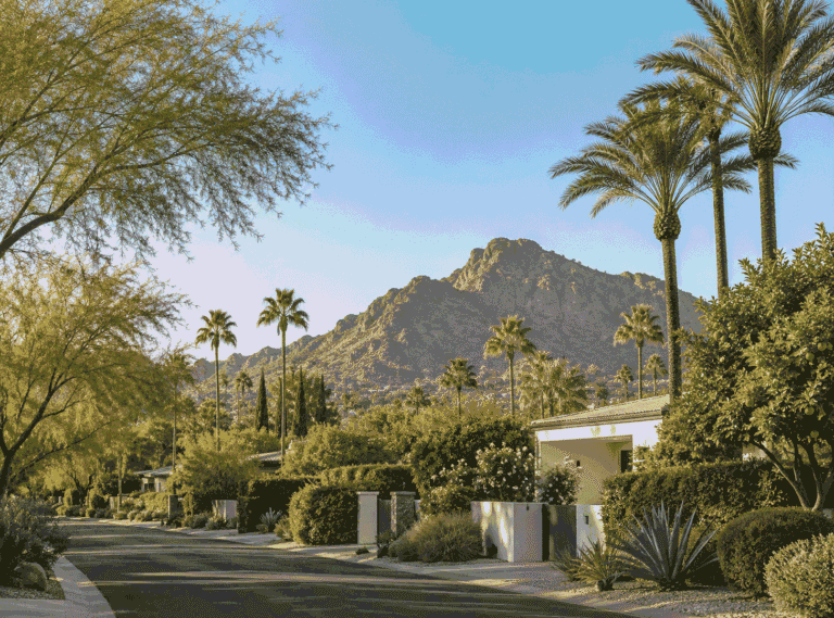 Residential street lined with palm trees and a view of Camelback Mountain in Arcadia near Scottsdale in Scottsdale